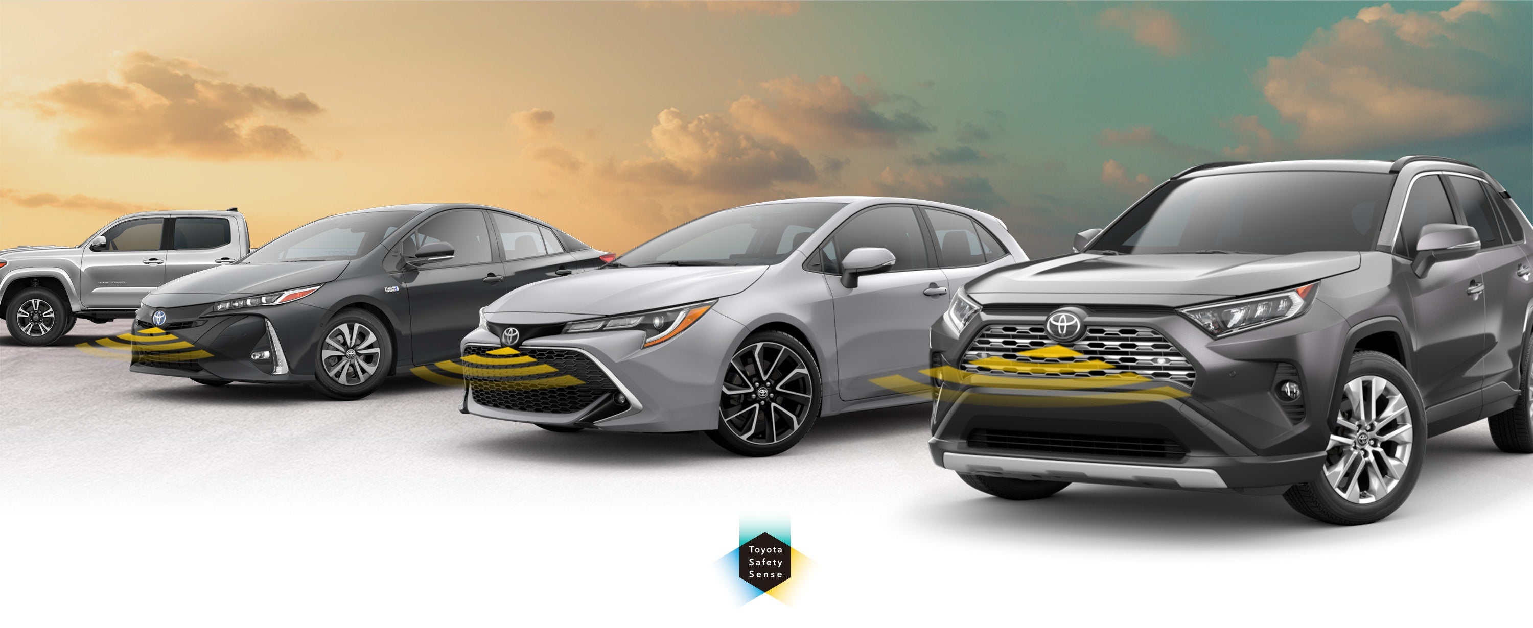 Toyota Safety Sense: Designed for Safety. Options shown on Toyota models including RAV4, Tacoma, and Camry, available now at Dave Edwards Toyota in Spartanburg SC.